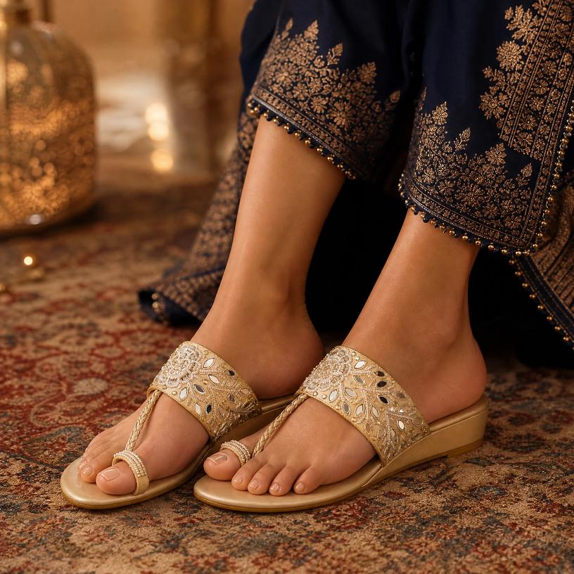 Gold embroidered sandals worn with dark embroidered pants on a patterned rug.