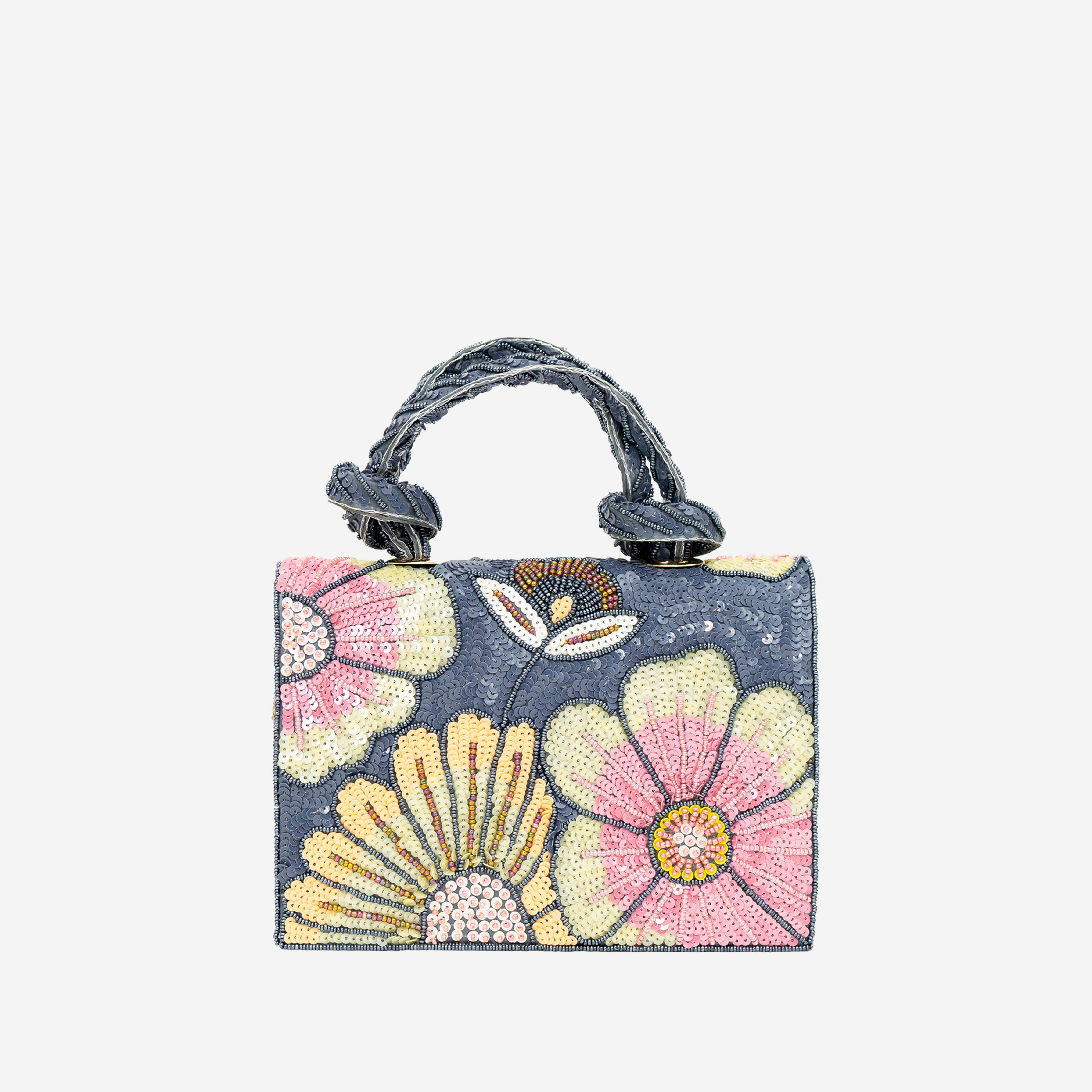 Grey Pastel Floral Beaded Clutch