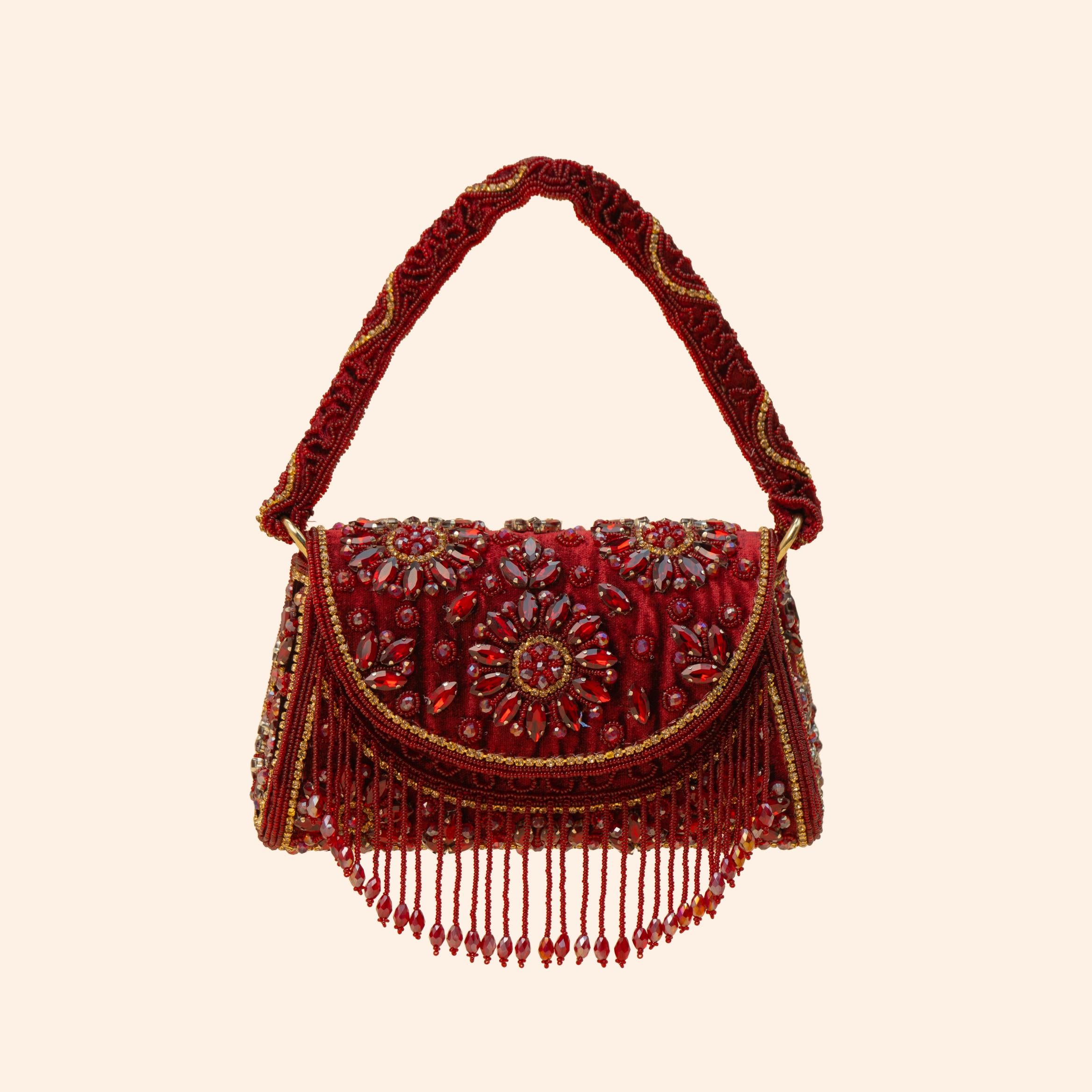 Floral Crystal Embellished Fringe Top Handle Bag