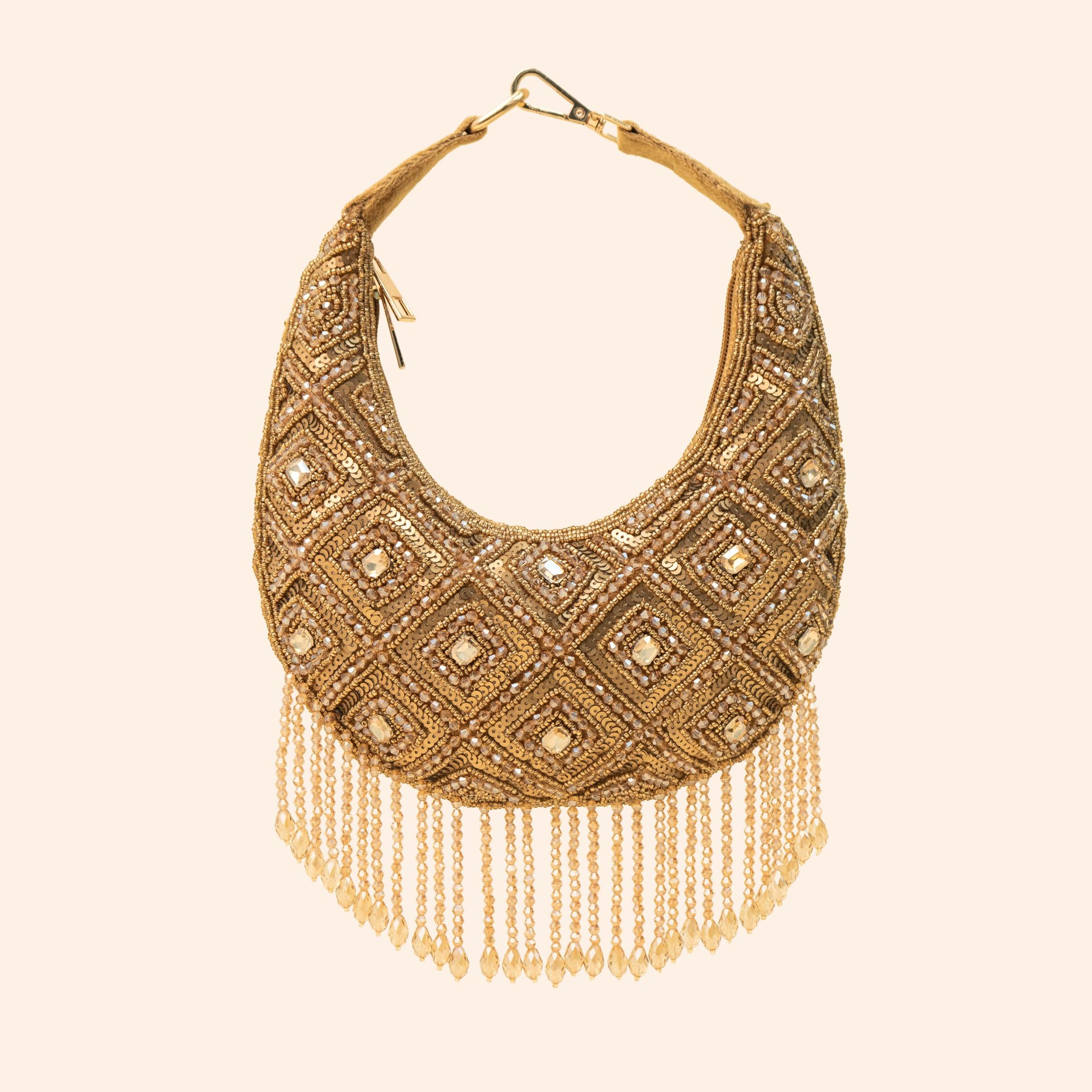 Luxury Embellished Crescent Fringe Shoulder Bag