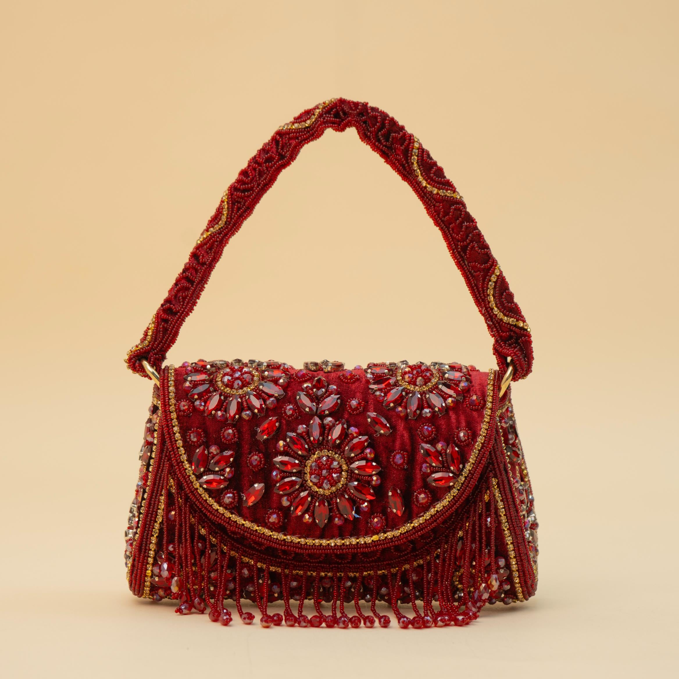 Floral Crystal Embellished Fringe Top Handle Bag
