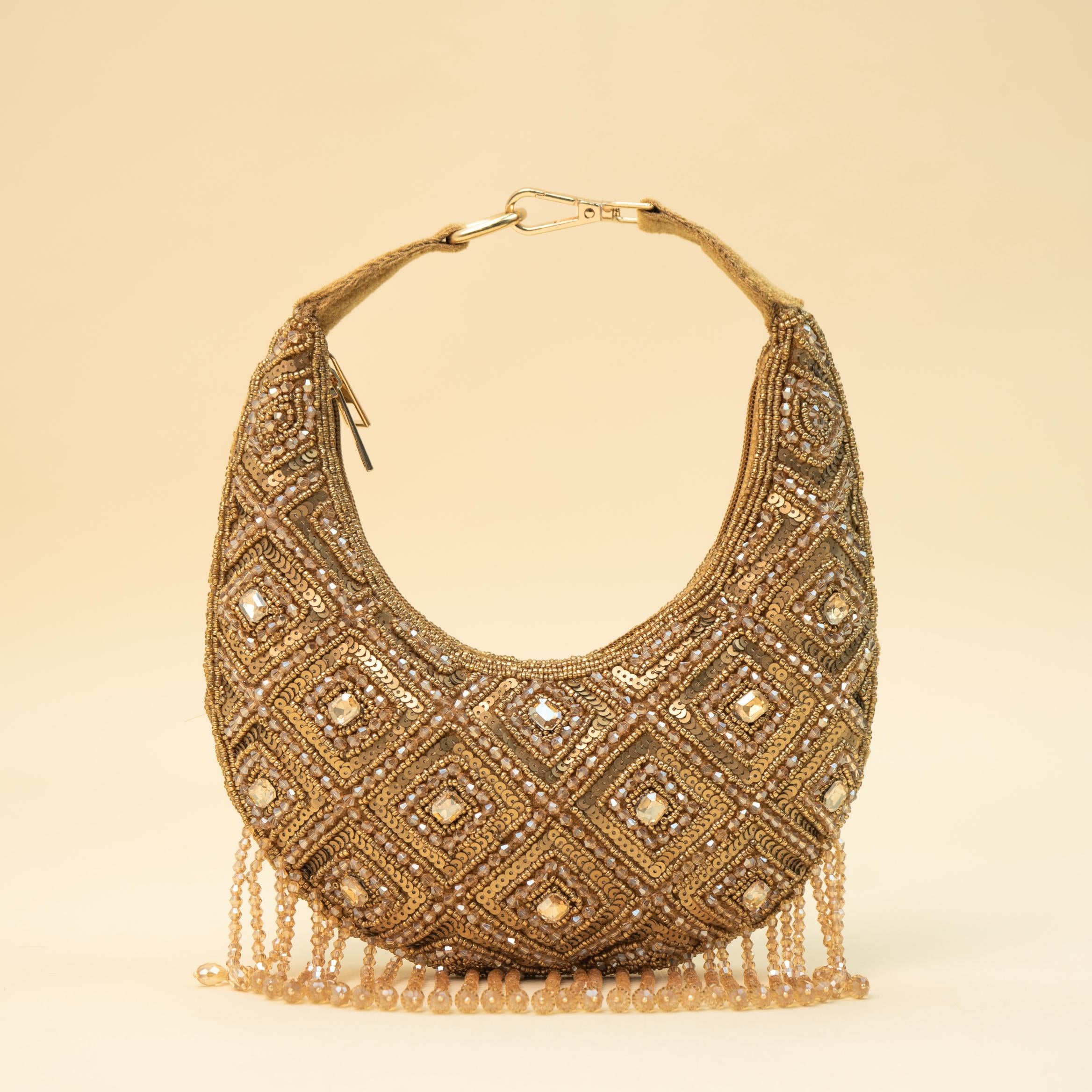Luxury Embellished Crescent Fringe Shoulder Bag