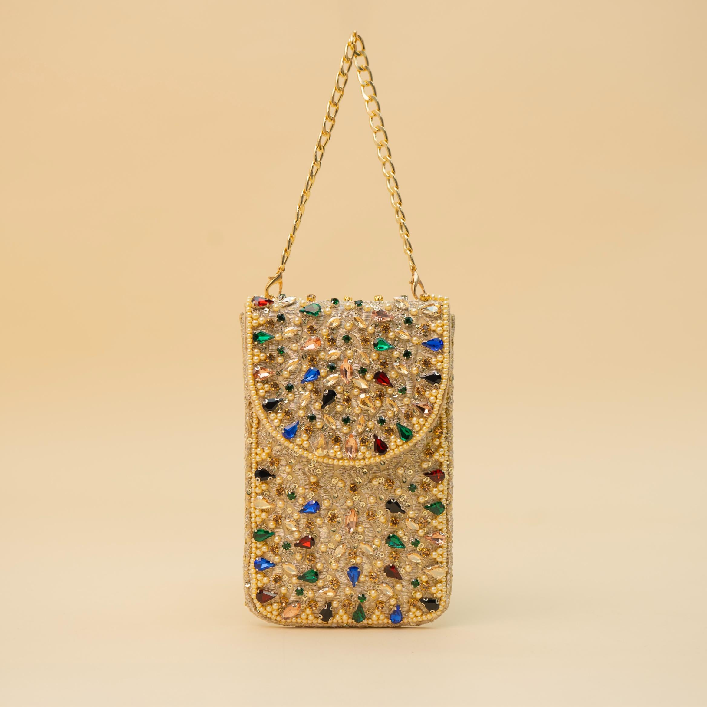 Elegant Multicolor Stone Embellished Floral Sling Bag