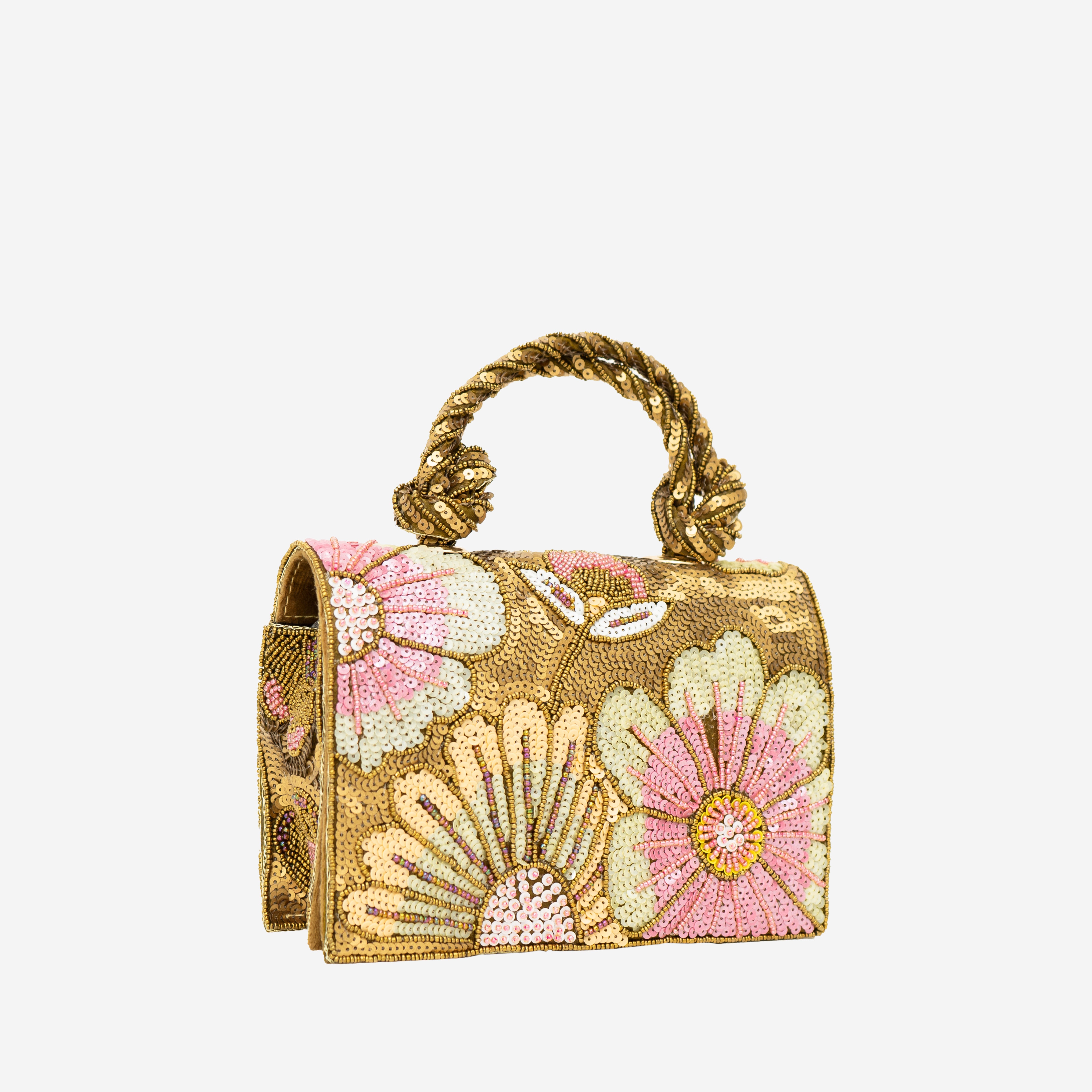 Antique Gold Pastel Floral Beaded Clutch