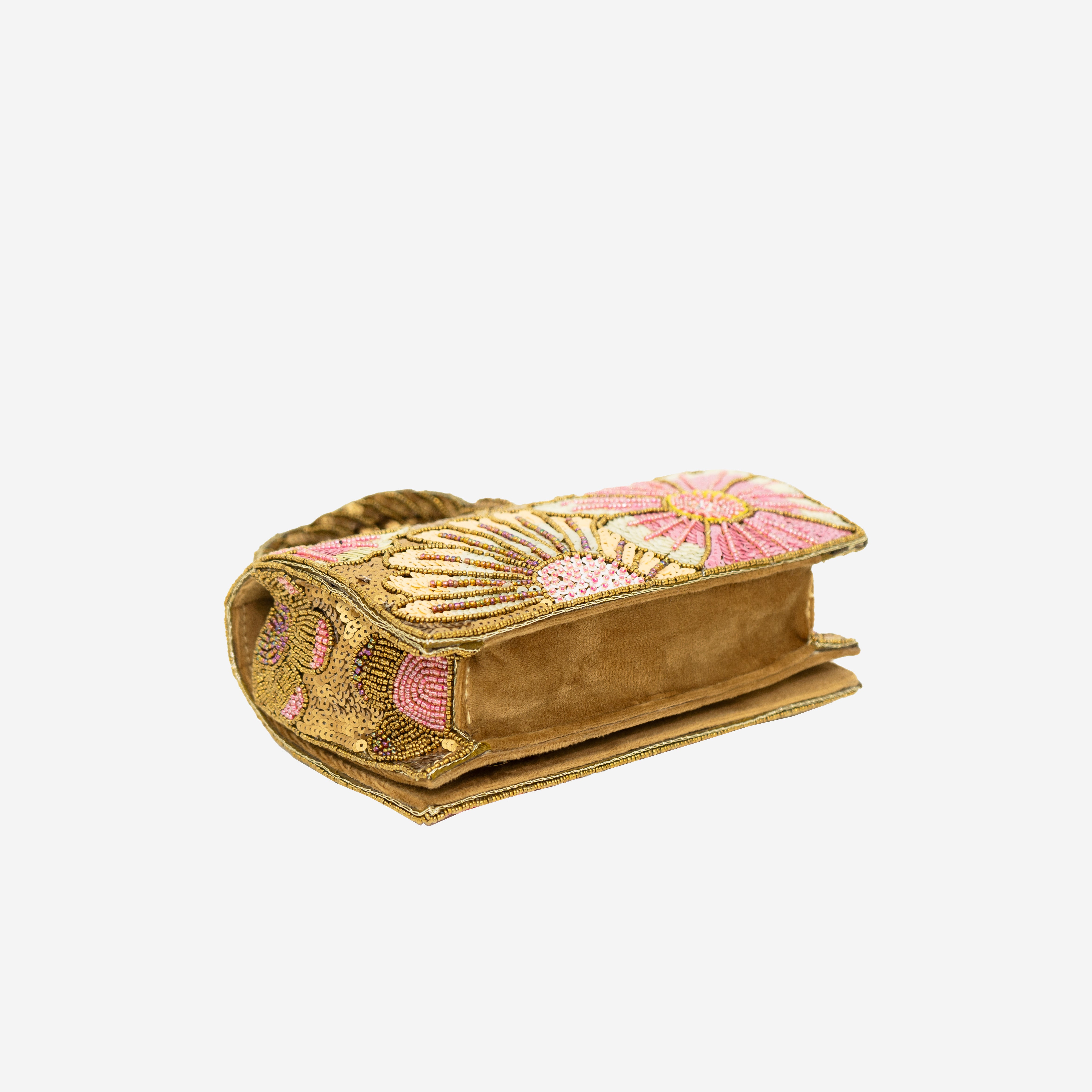 Antique Gold Pastel Floral Beaded Clutch