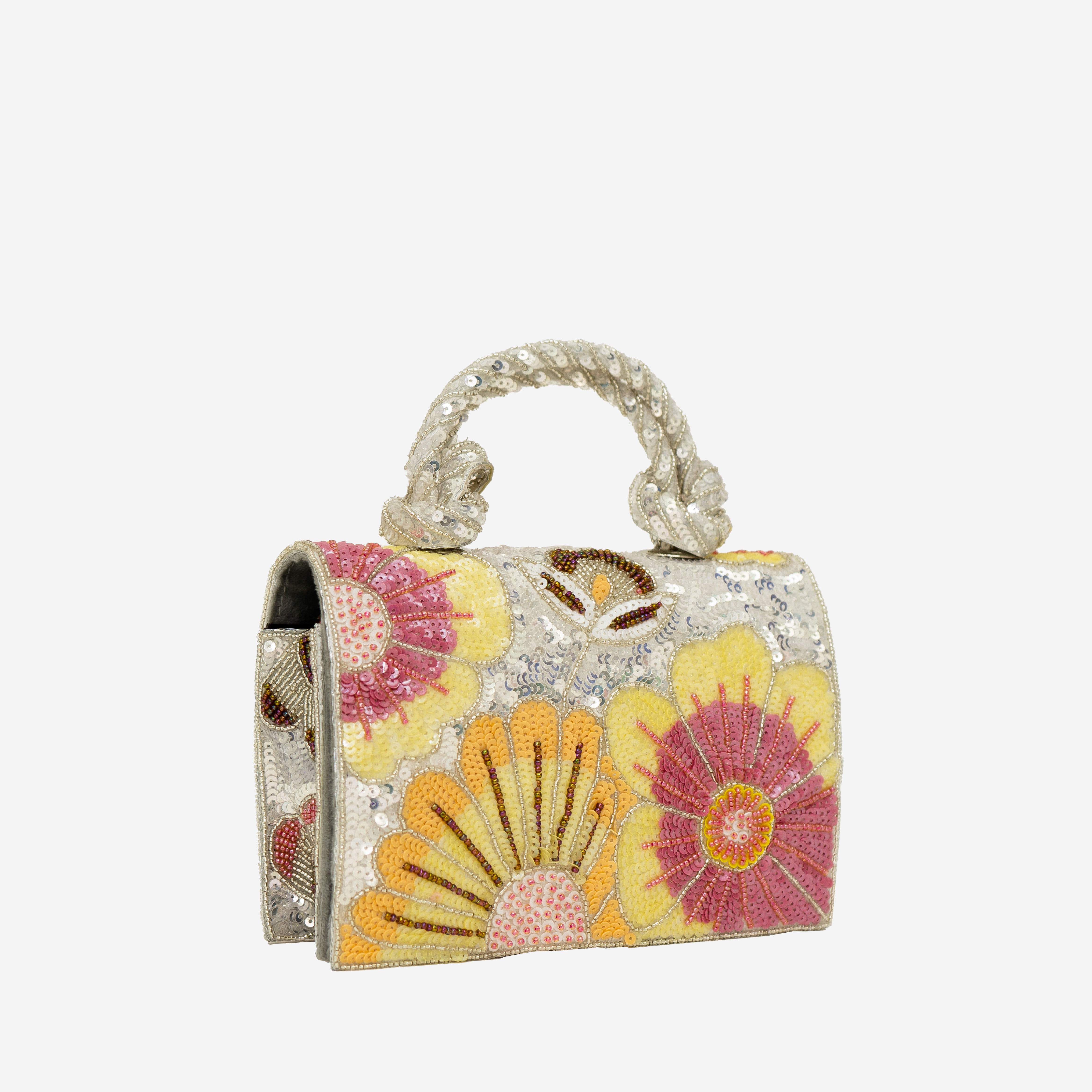 Silver Pastel Floral Beaded Clutch