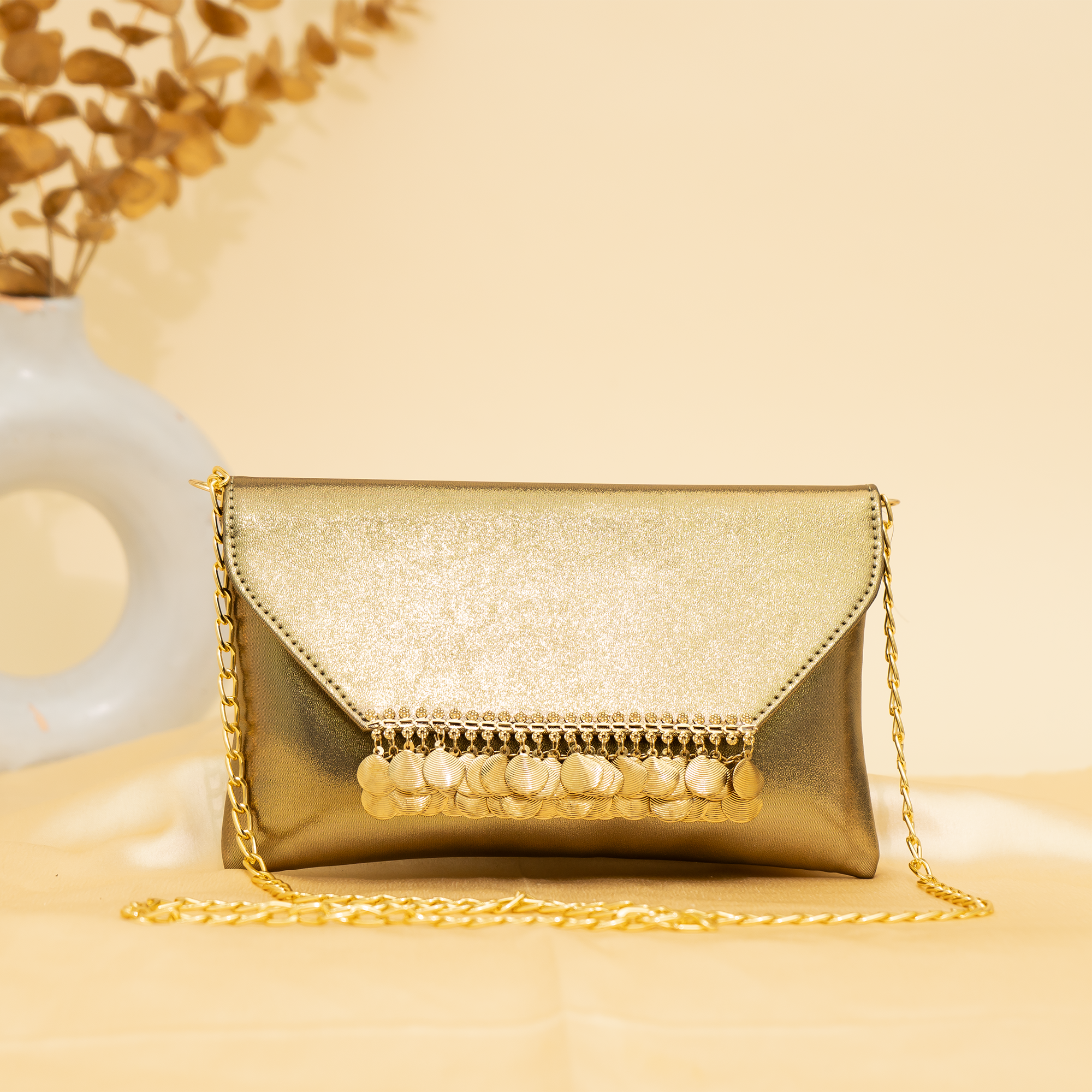 gold Shimmer Shell clutch  | cara