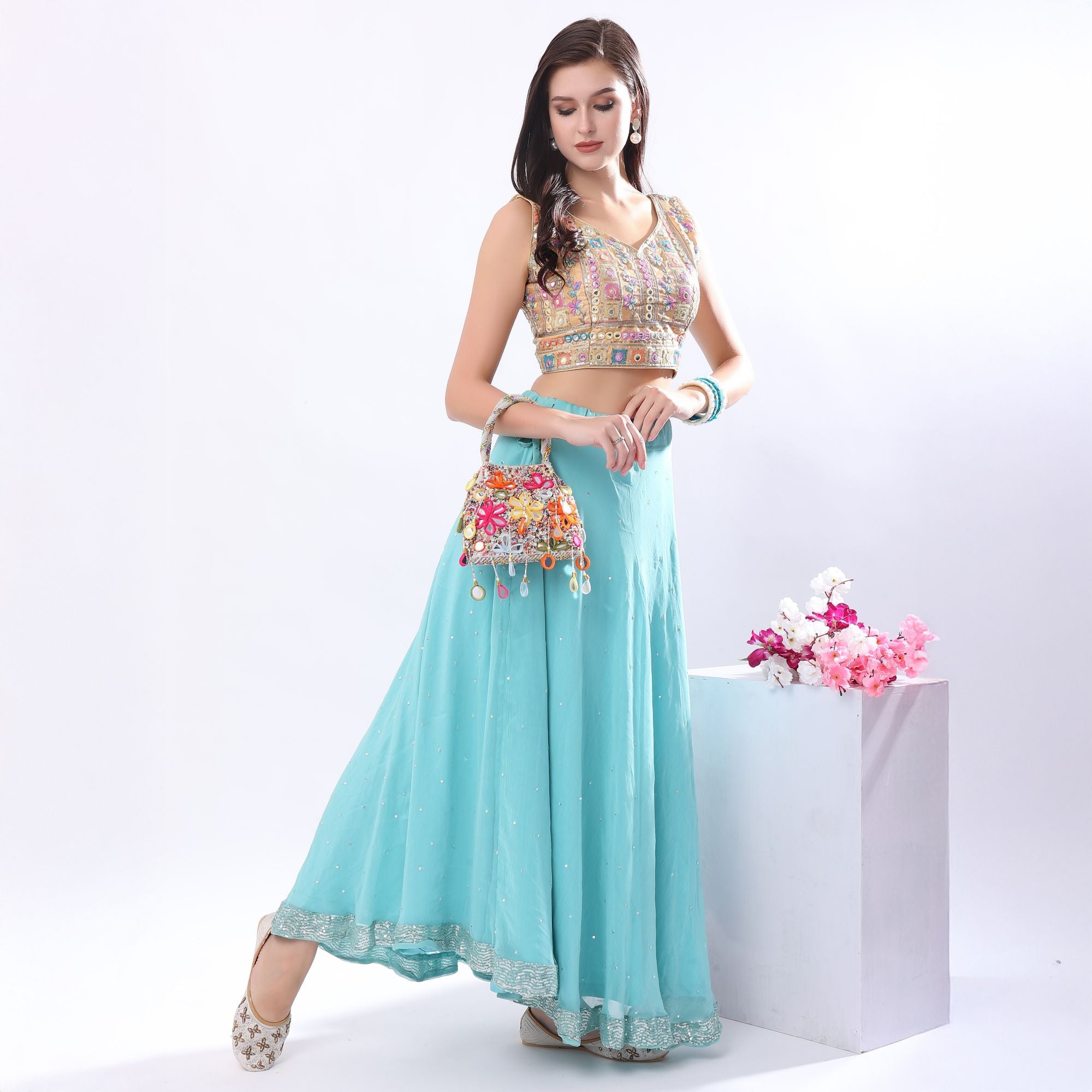 Silver Multicoloured Embellished Heavy Mirror Work Potli