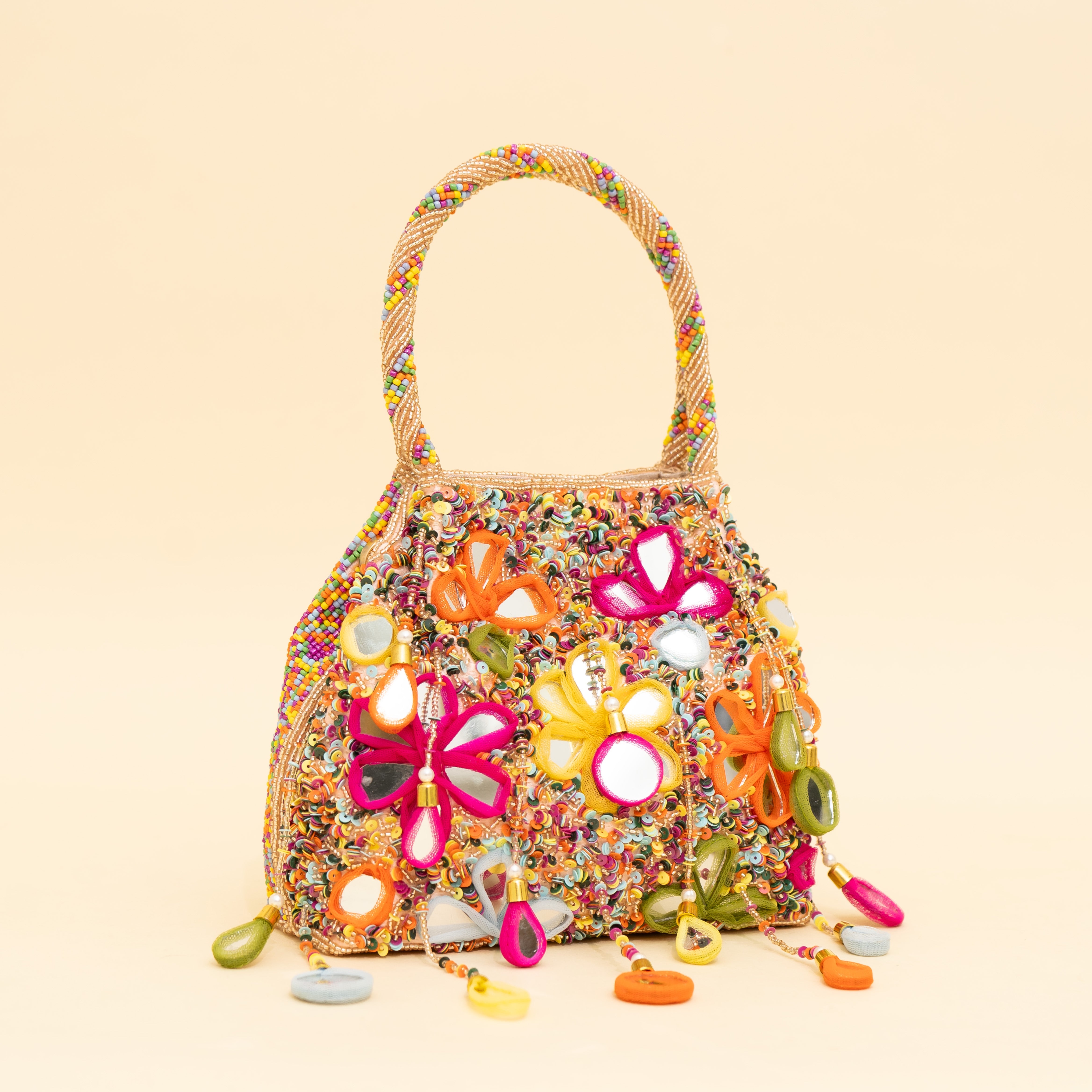 Multicoloured Embellished Heavy Mirror Work Potli