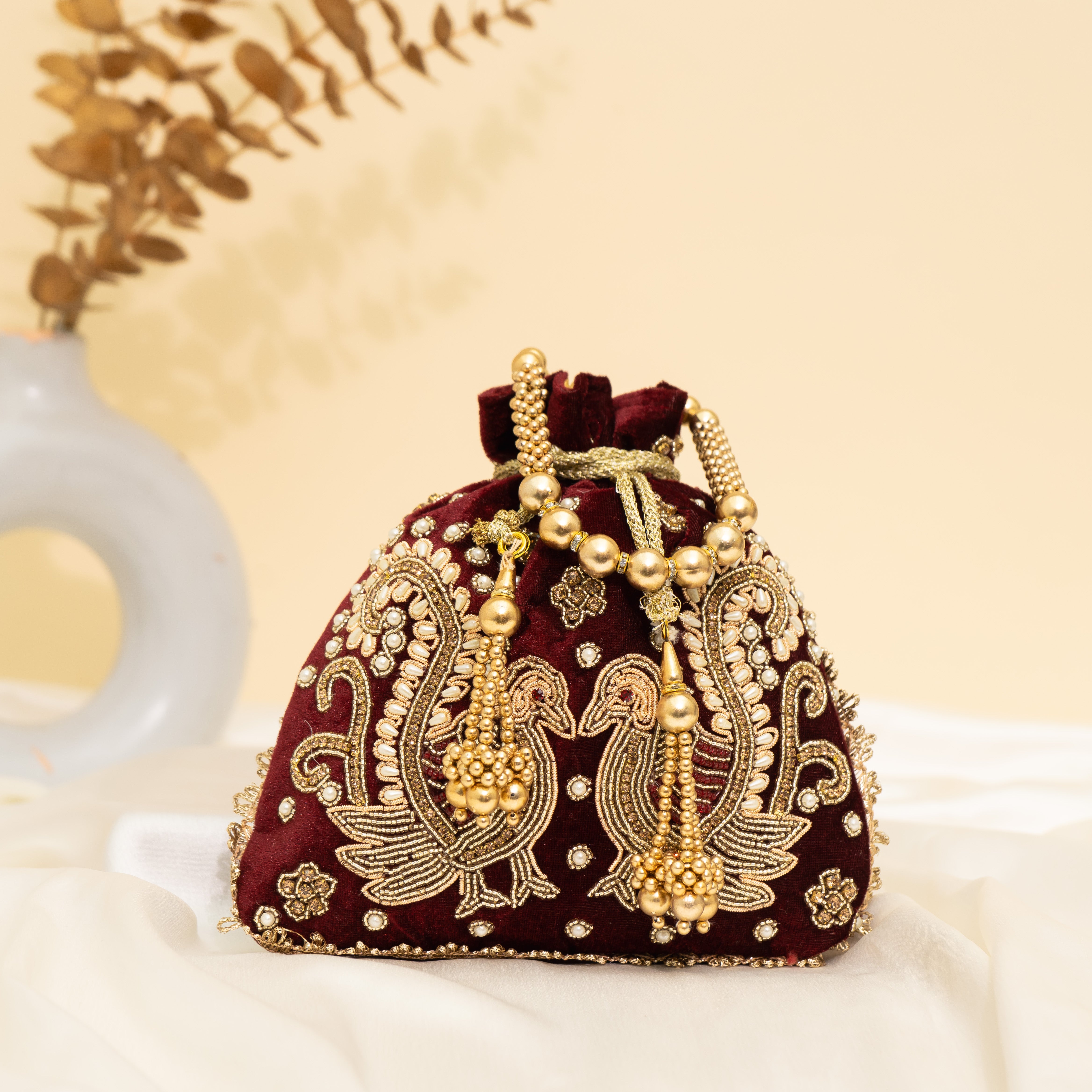 Maroon Peacock's Embrace Potli