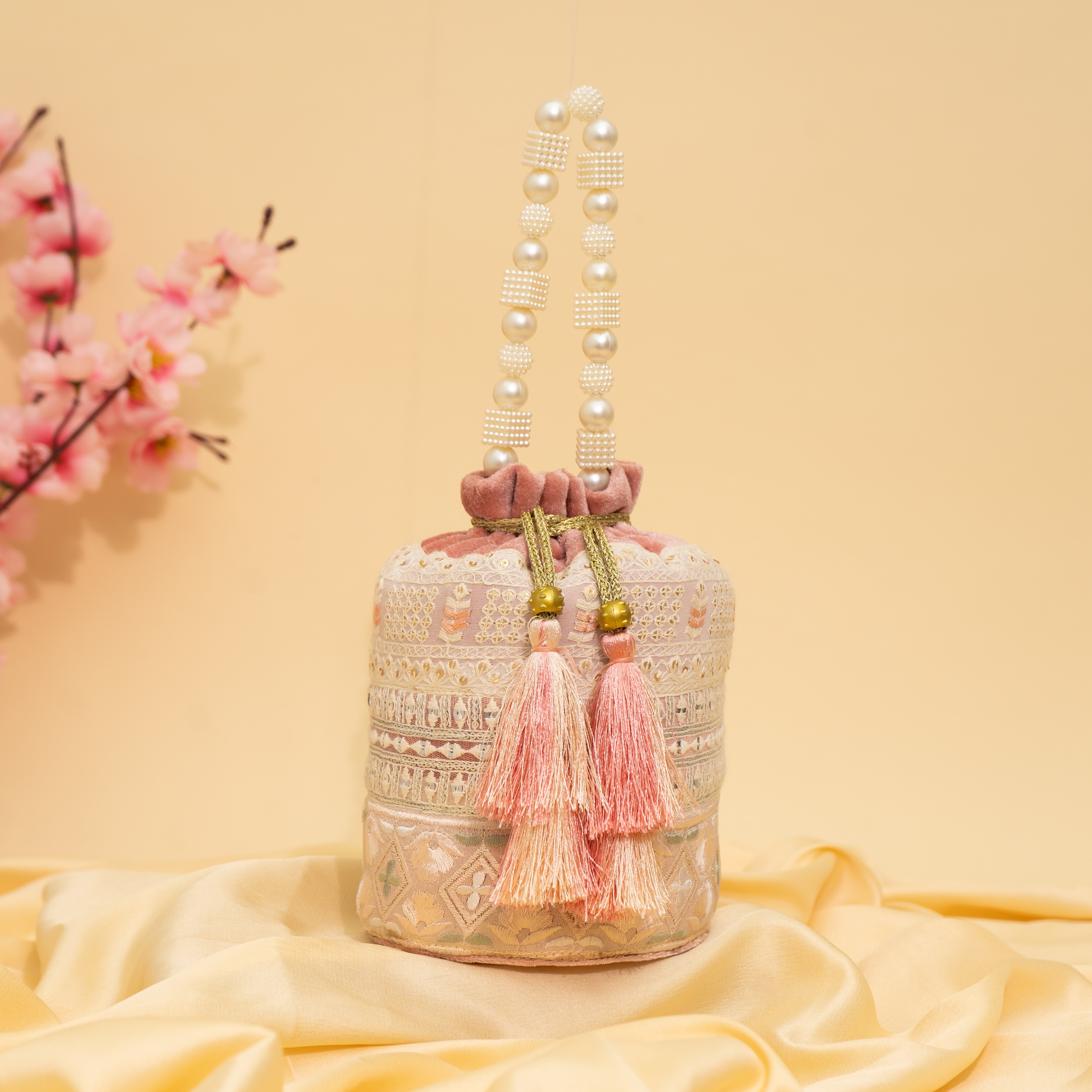 Peach Embroidery Bliss Potli