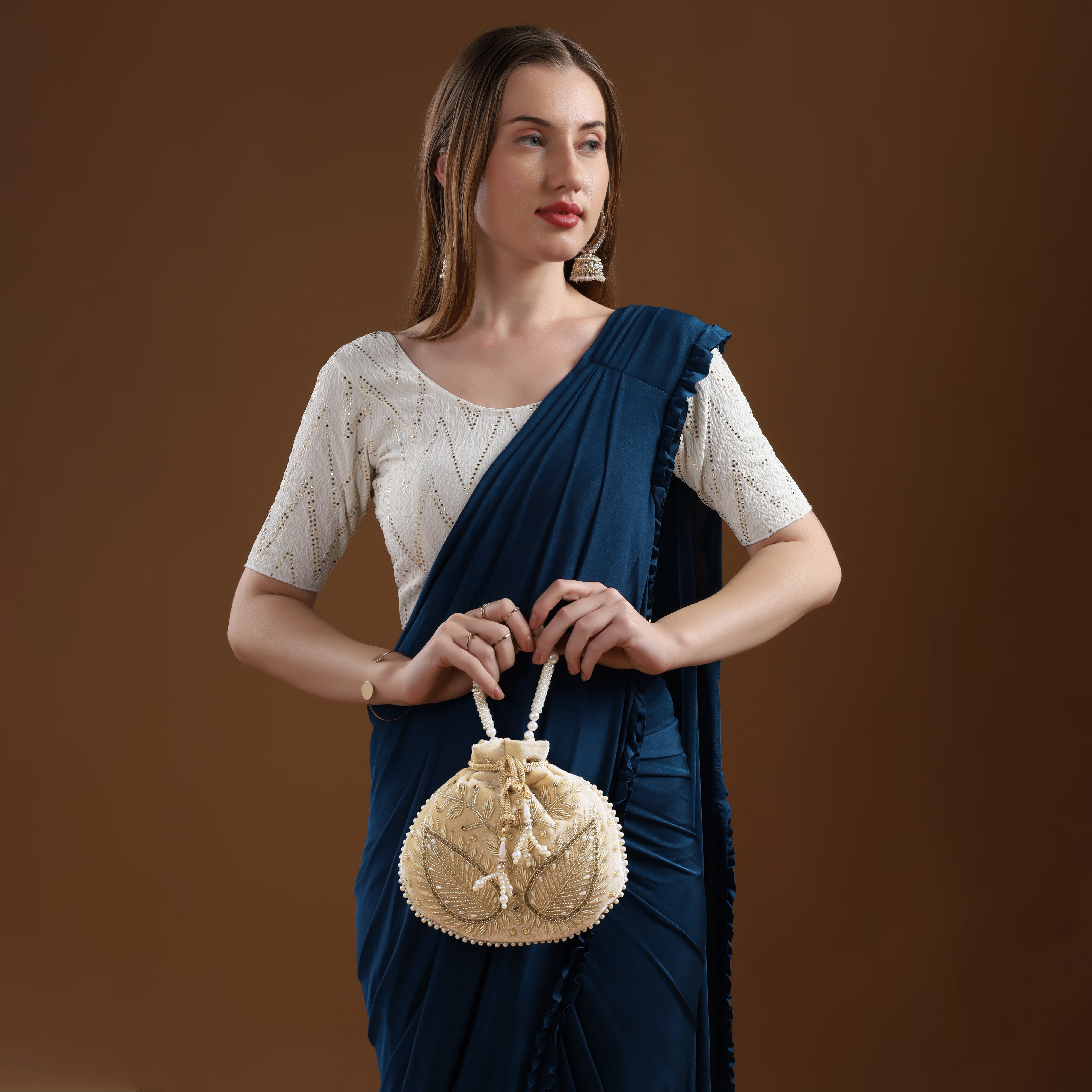 Cream Velvet Jewel Matka Potli | CARA