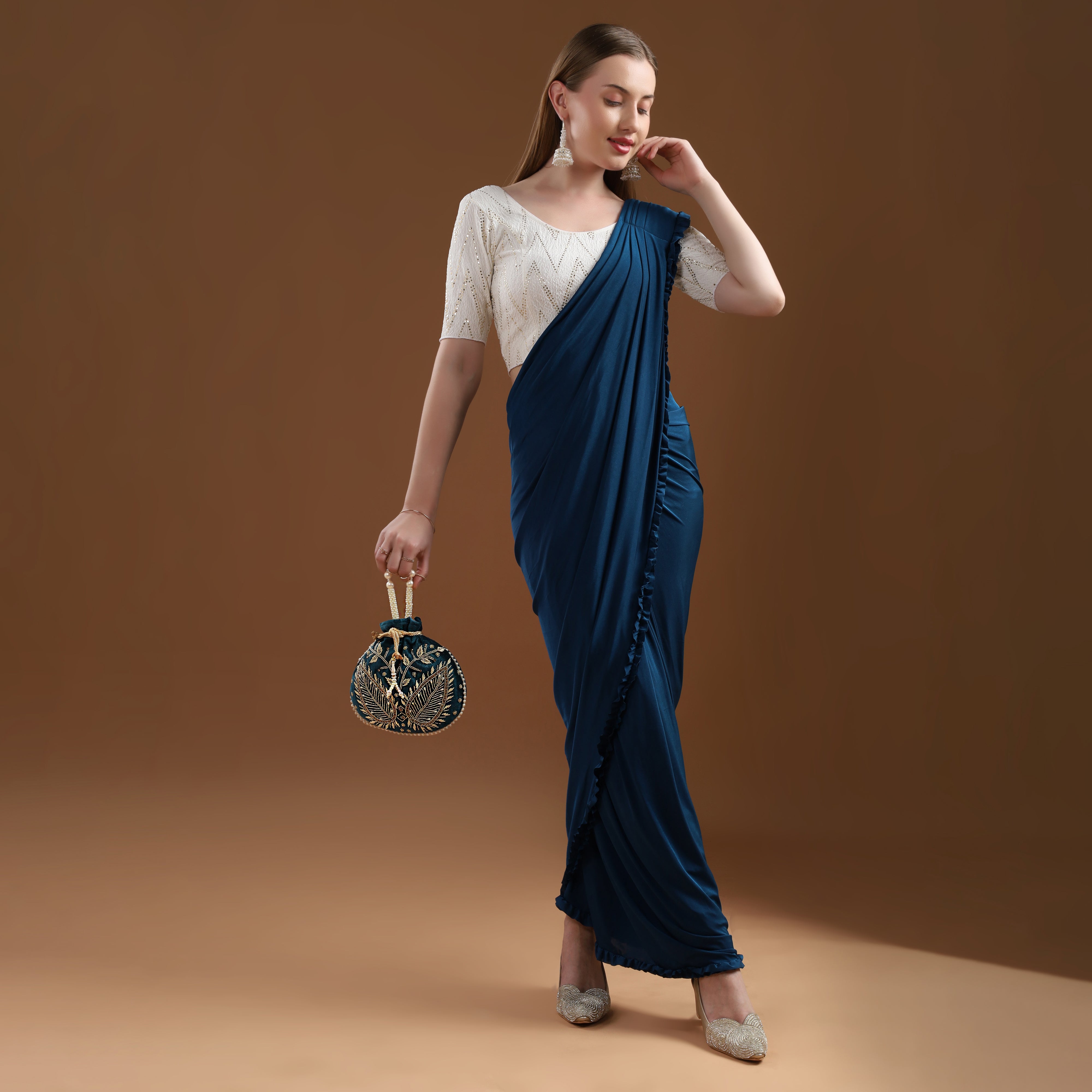 Teal Blue Velvet Jewel Matka Potli | CARA