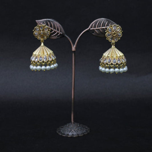 Golden Kundan Jhumki Earrings