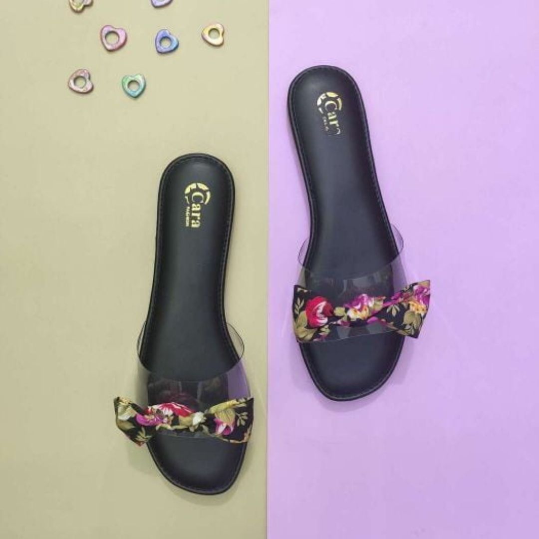 Floral Bow With Transparent Straps Flats For Womens By Cara Fashions
